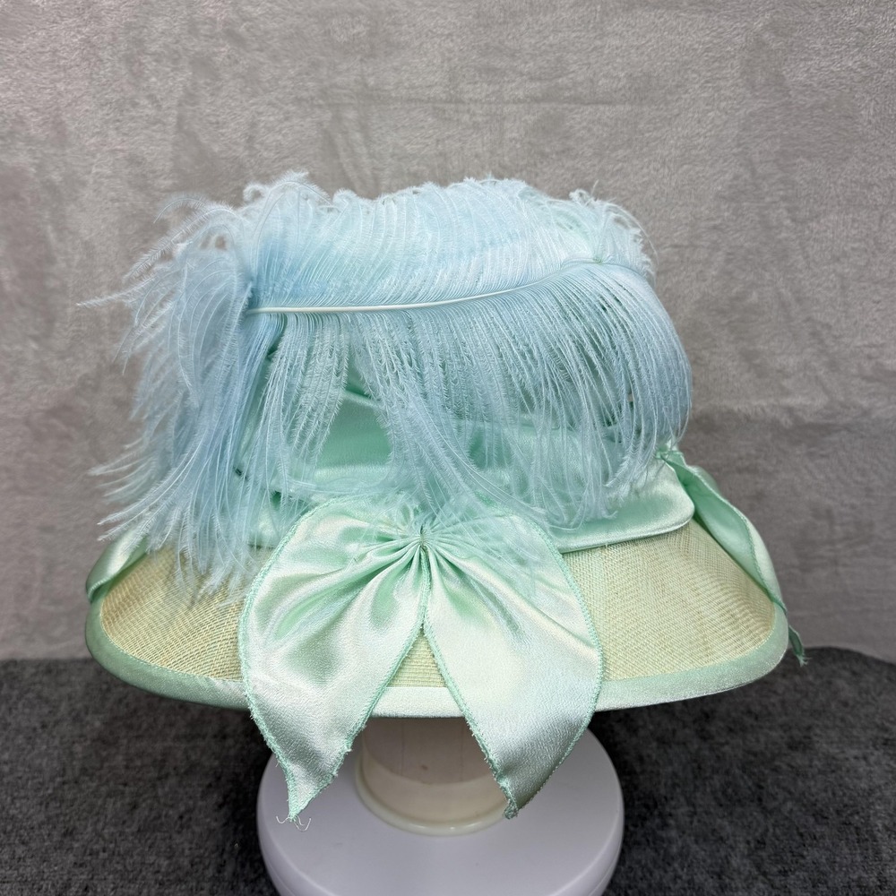 Elite Champagne Hat Sun Womens Blue Green Satin Wide Brim Bow Derby Church NWOT